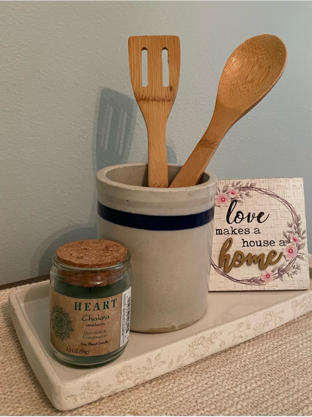 Kitchen Farmhouse Bundle set Crock, wooden utensil, candle, tray and sign